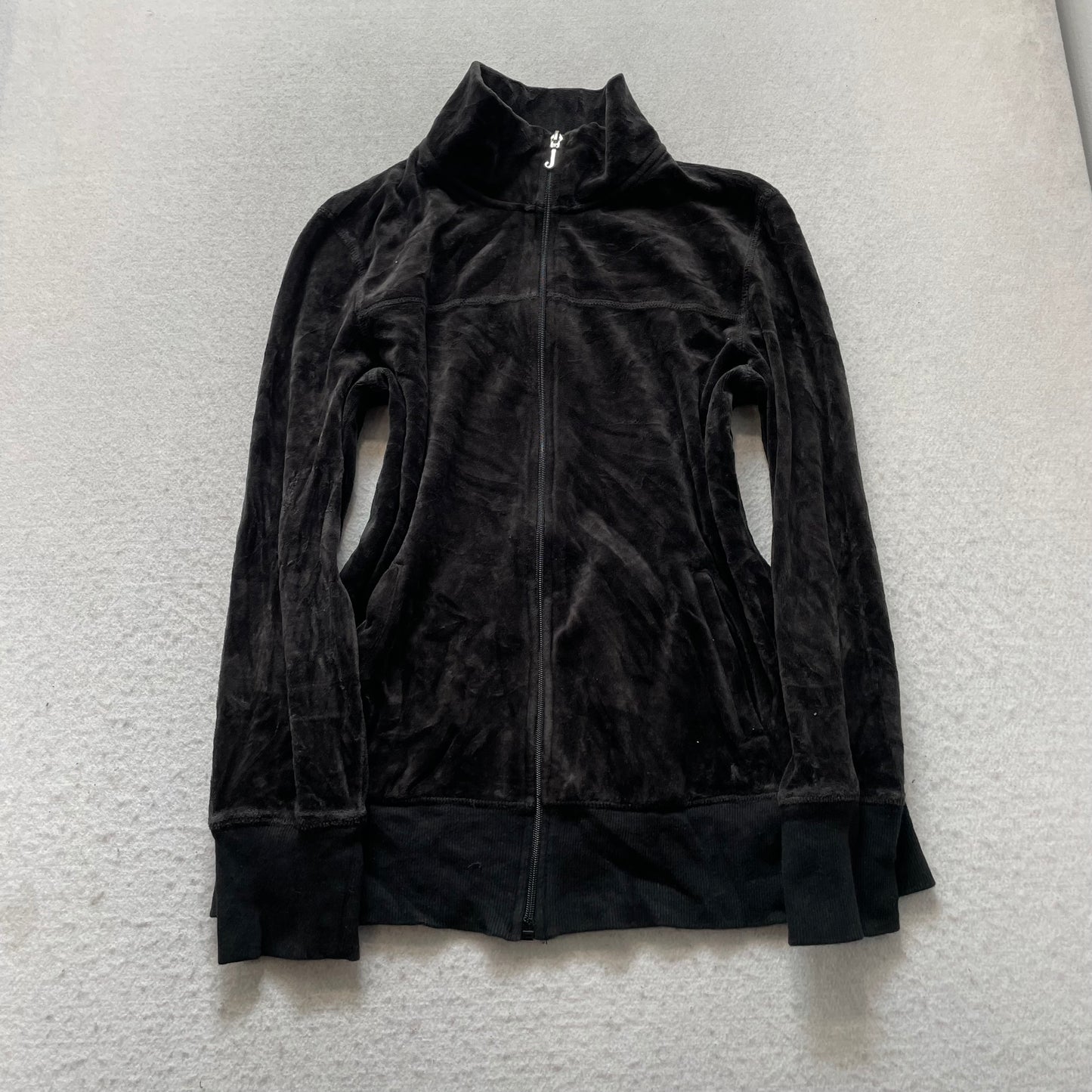 Vintage Juicy Couture Women's Black Velour Tracksuit Set Mock Neck Jacket & Pants L
