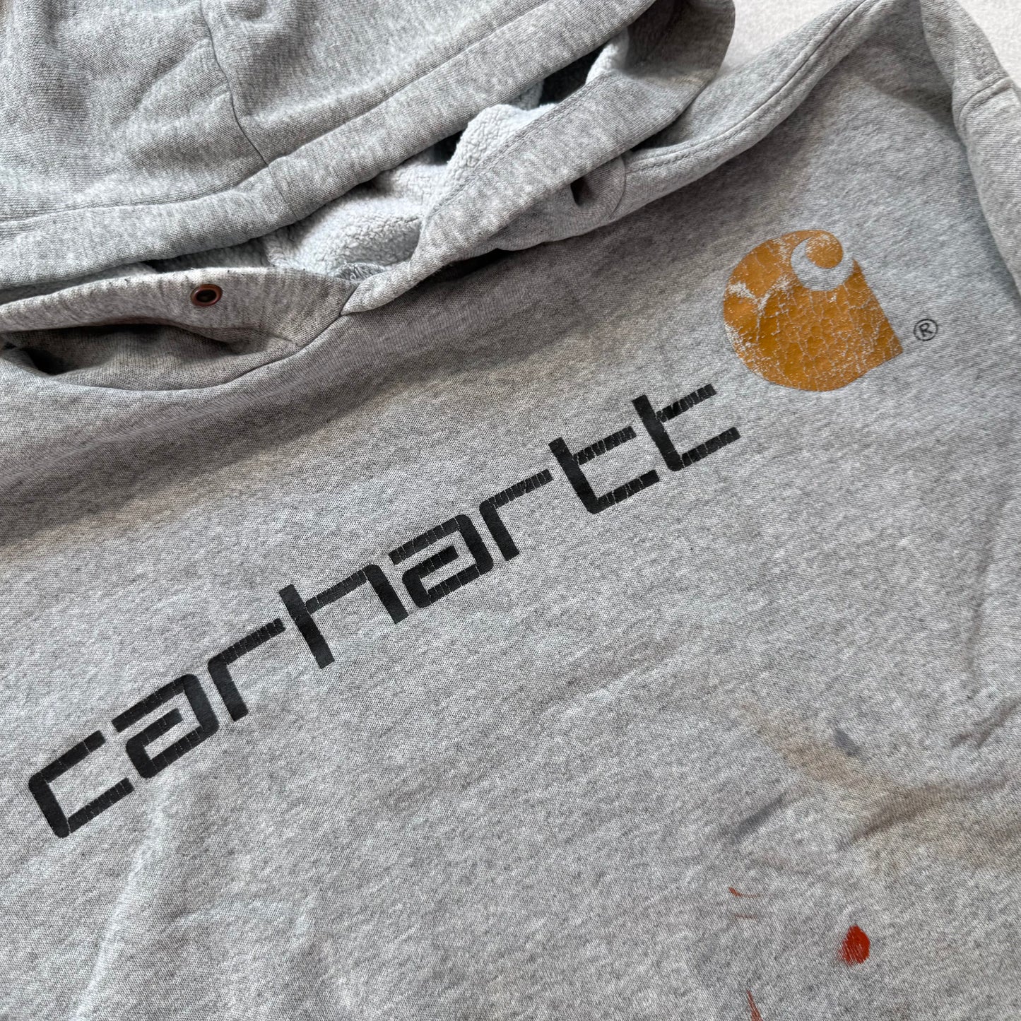 Carhartt Men's Heather Grey Pullover Hoodie Front Graphic Logo Workwear Size XL