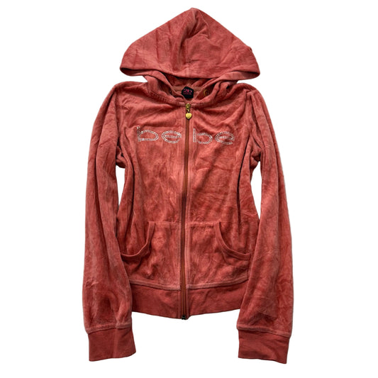 Bebe Women's Coral Pink Velour Full Zip Hoodie Loungewear Rhinestone Logo Size M