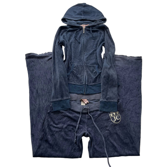Juicy Couture Women Navy Velour Tracksuit Sets Hoodie & Pant Graphic Logo Size M