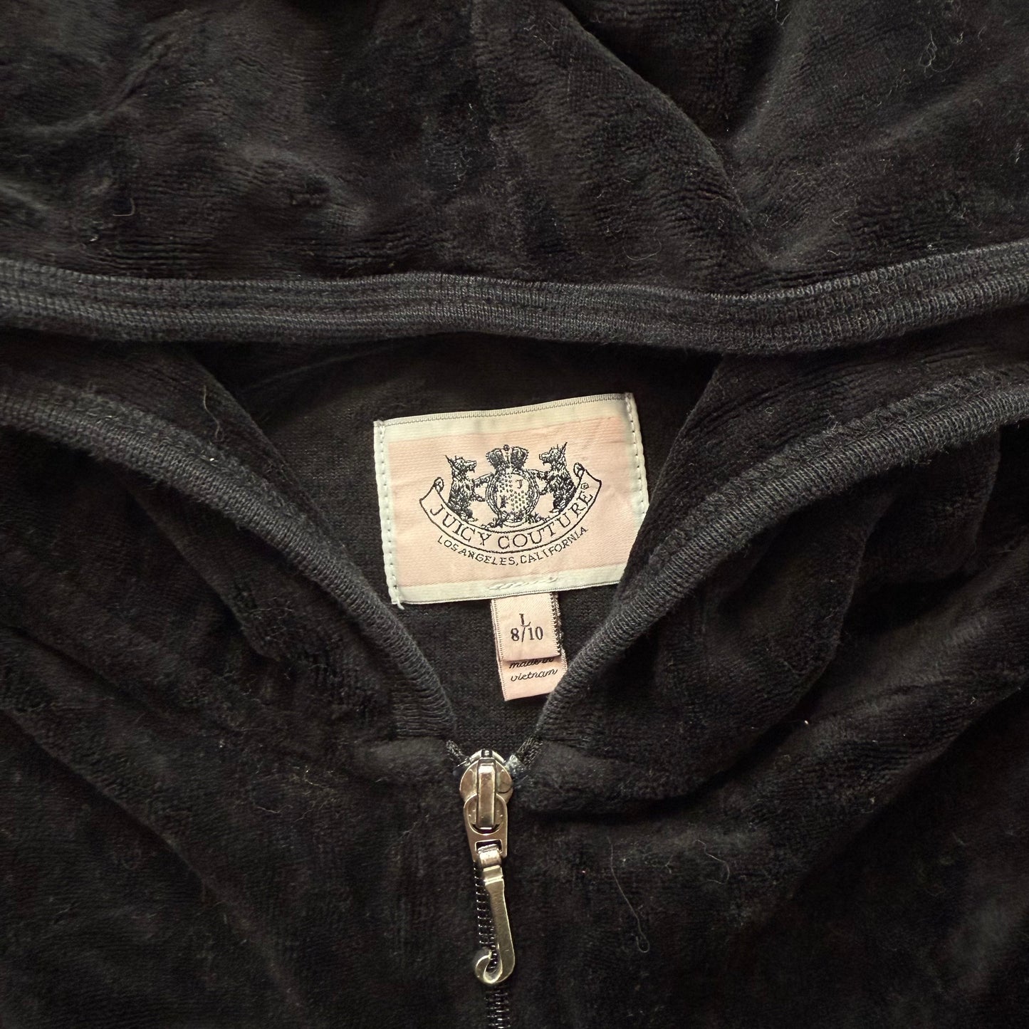 Juicy Couture Womens Black Velour Full Zip Hoodie Graphic Logo Loungewear Size L