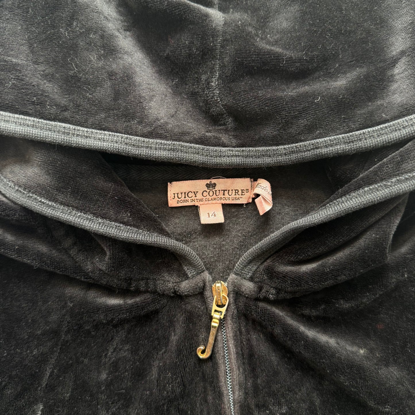 Juicy Couture “Juicy Girls Live For Sugar” Womens Black Velour Hoodie Size 14