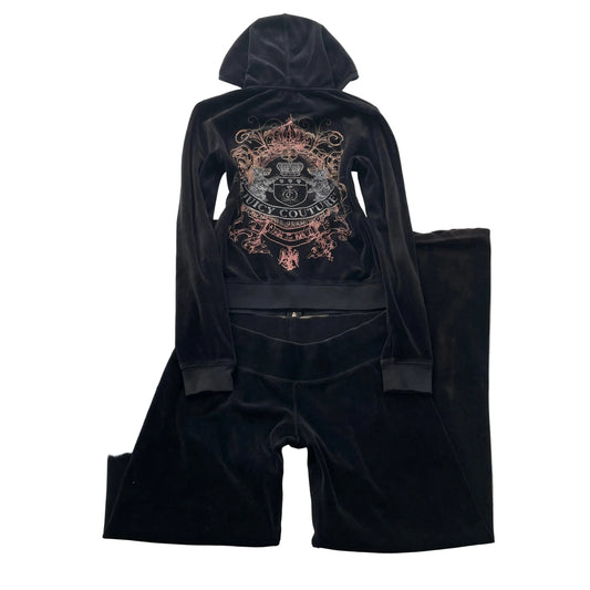 Vtg Juicy Couture Black Velour Tracksuit Set Graphic Hoodie & Track Pant - L/M