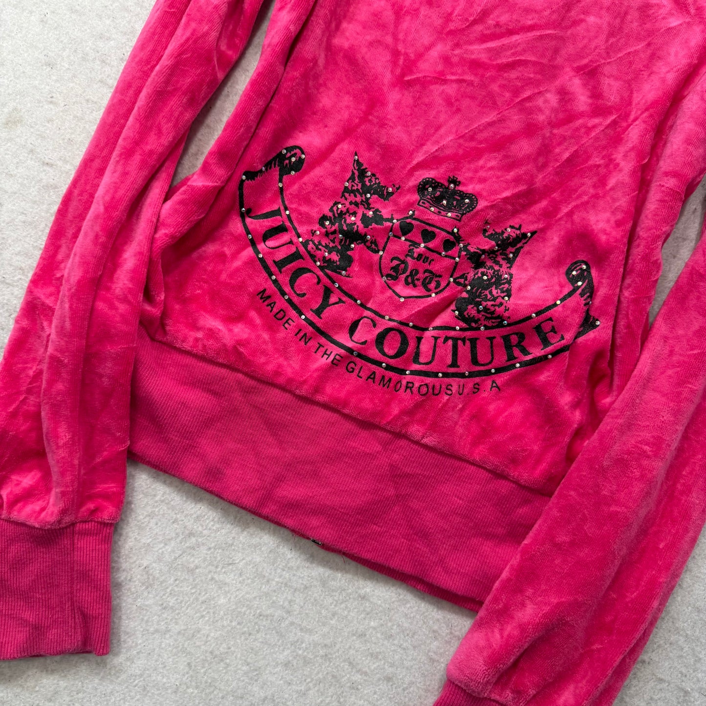 Vintage Juicy Couture Scottie Dogs Women's Pink Velour Hoodie Rhinestones Size S