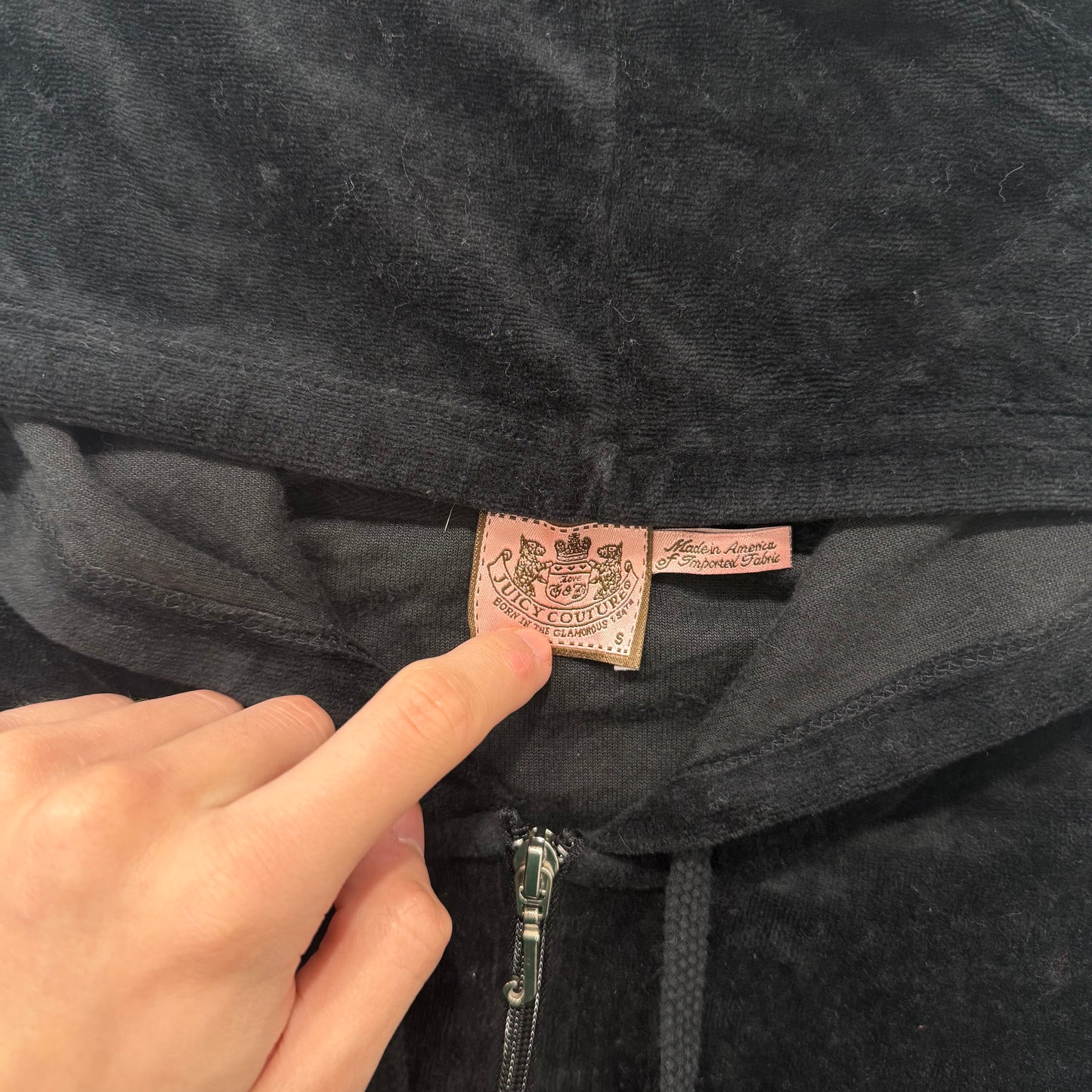 Vintage Juicy Couture Women's Black Velour Zip-Up Hoodie Y2k Drawstring Size S