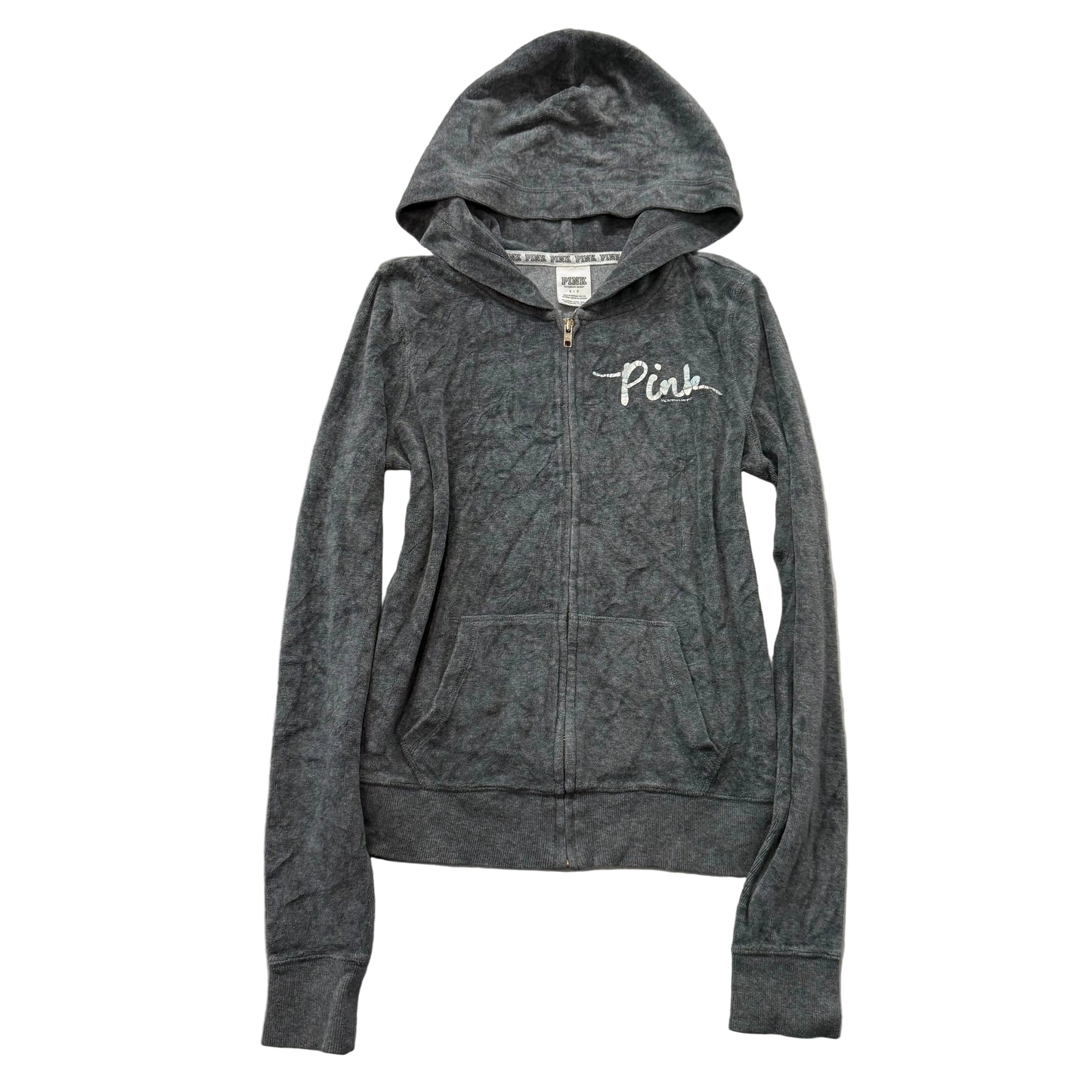 PINK by Victoria's Secret Women's Gray Velour Zip Up Hoodie Pockets Logo Size S
