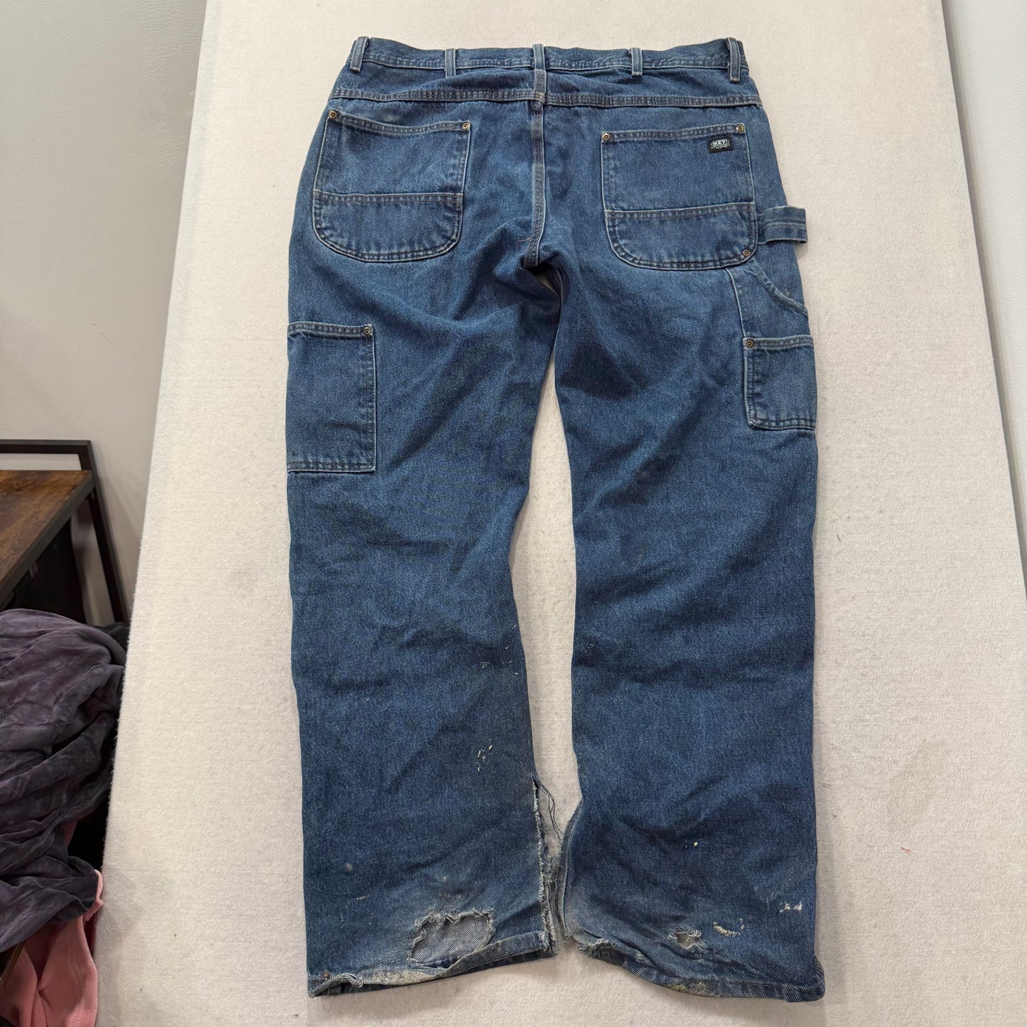 Key Men's Dark Wash Blue Denim Double Knee Carpenter Jeans Hammer Loop Size 38