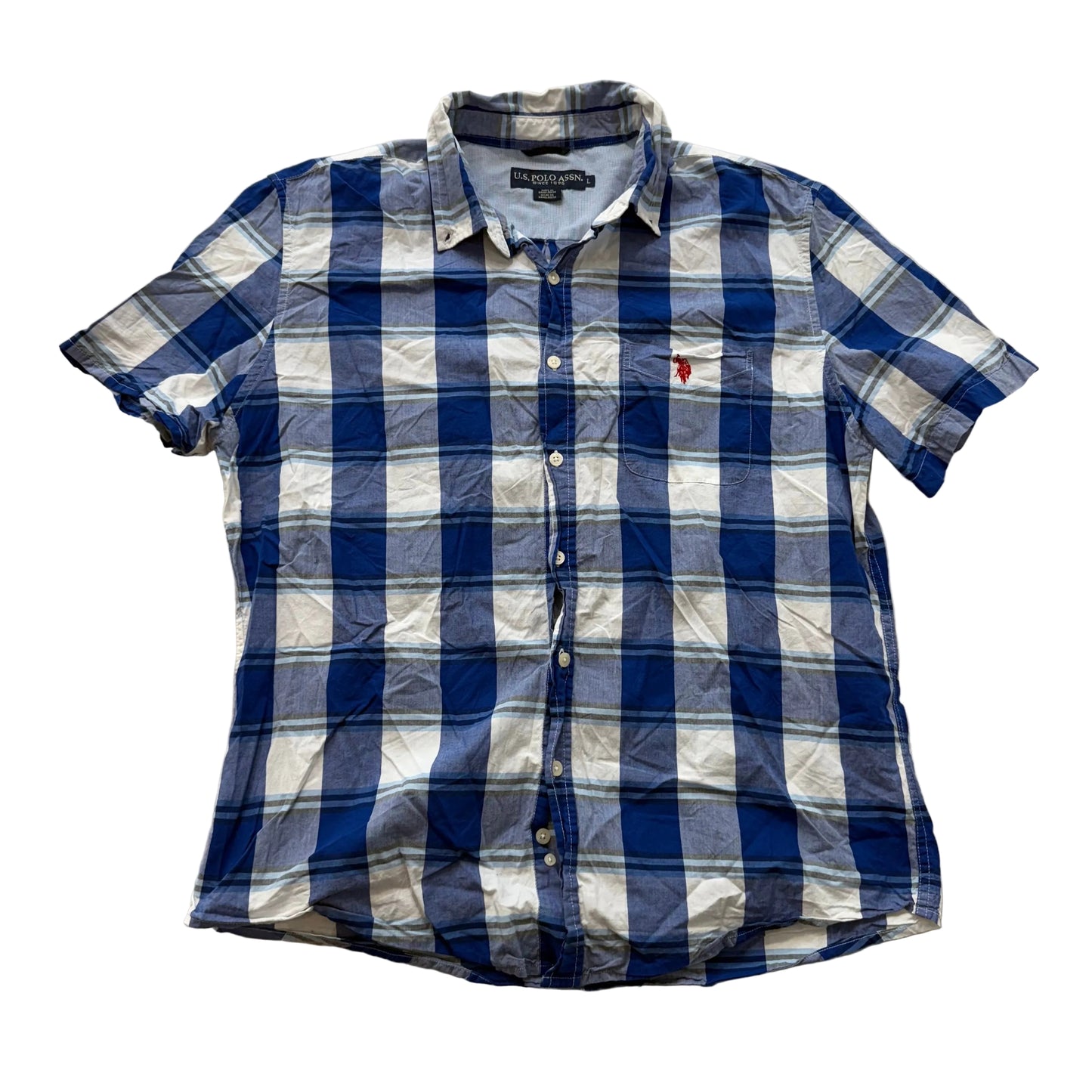 U.S. Polo Assn Men White Blue Plaid Cotton Button Down Shirt Short Sleeve Size L