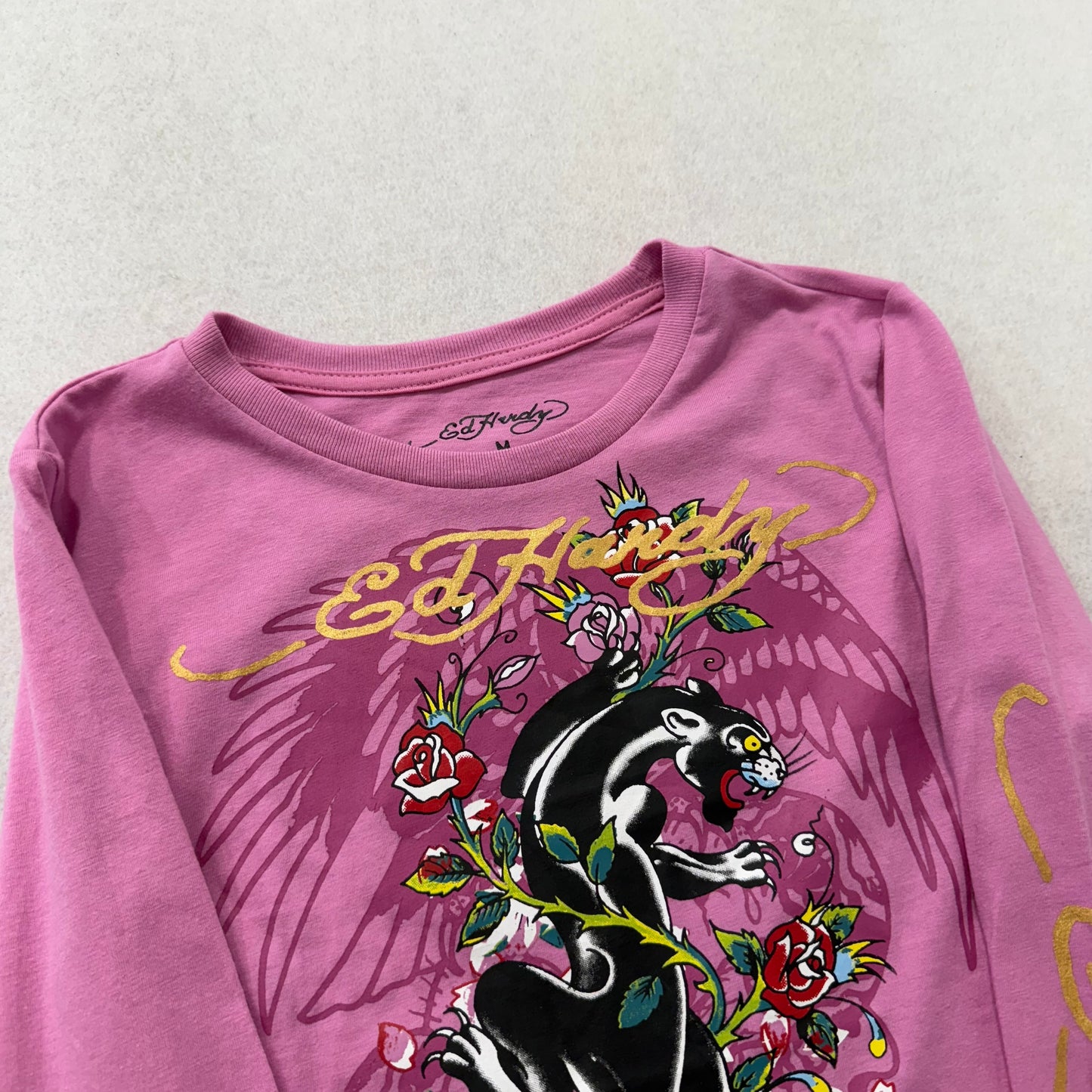 ED HARDY “Panther Rose” PINK LONG SLEEVE CROPPED BABY TEE