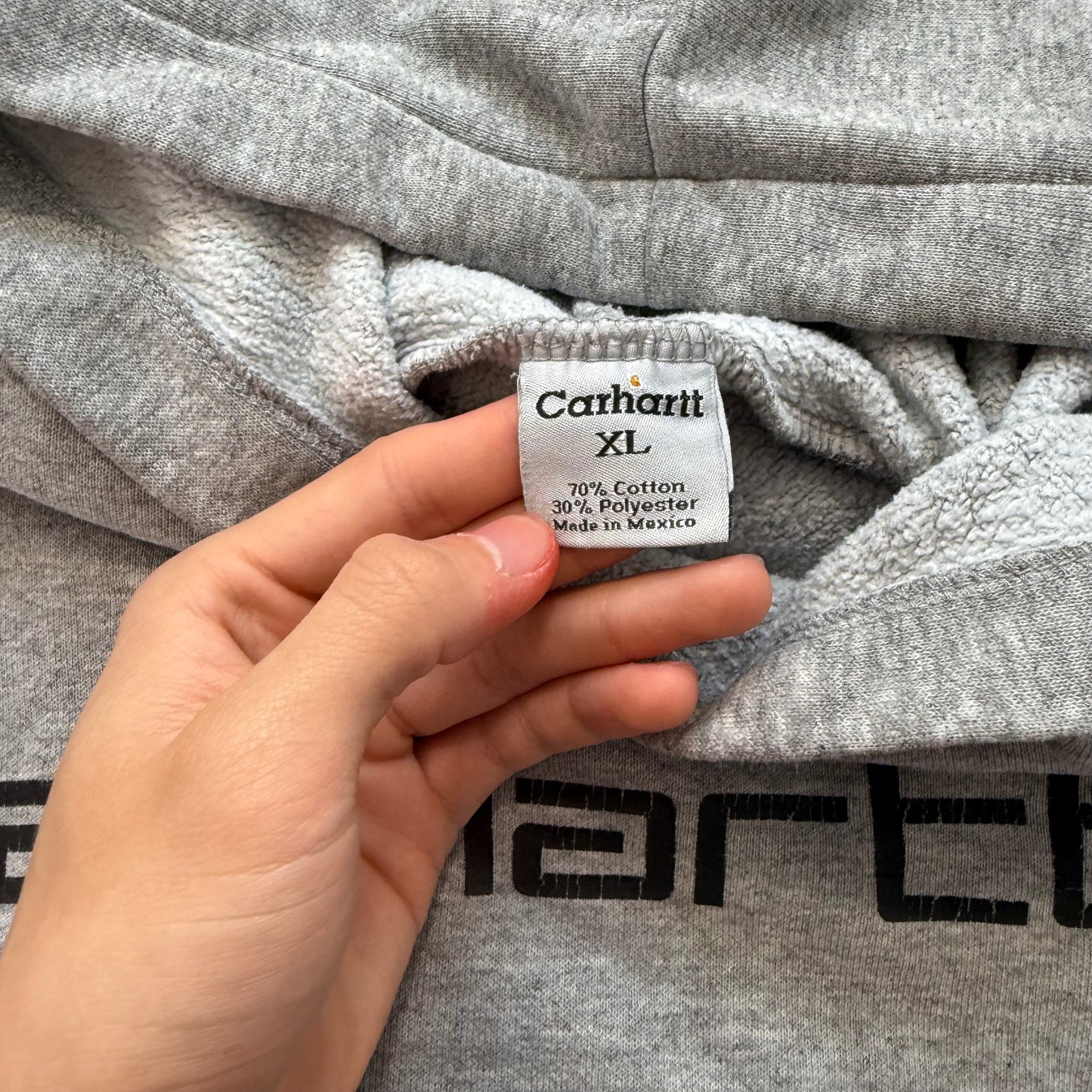Carhartt Men's Heather Grey Pullover Hoodie Front Graphic Logo Workwear Size XL