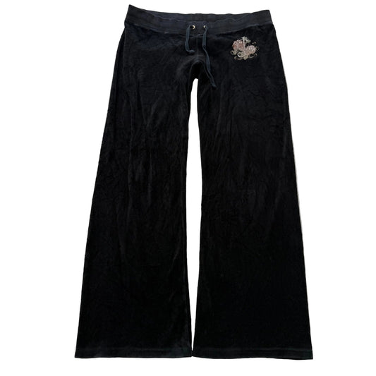 Juicy Couture Women's Jet Black Velour Flared Leg Track Pants Drawstring Size L