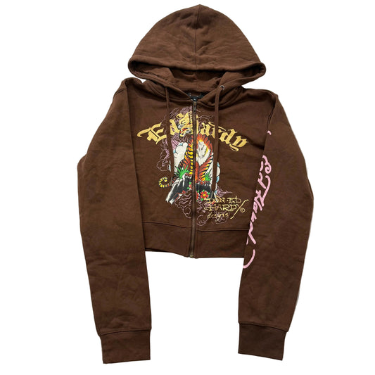 Ed Hardy Women's Brown Zip Up Cropped Hoodie Long Sleeves Tiger Graphic Size XL
