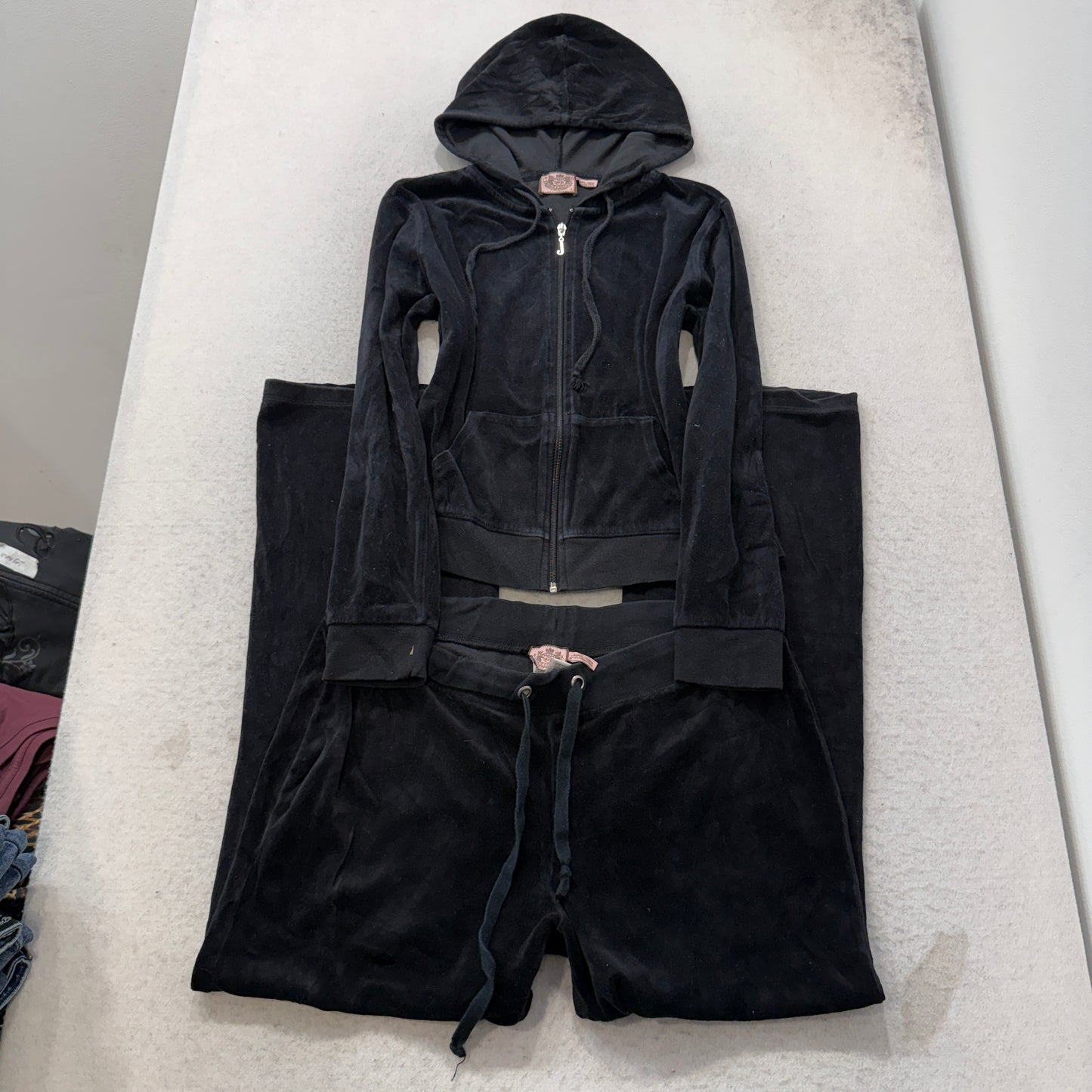 Vintage Juicy Couture Women's Black Velour Tracksuit Set Hoodie & Pants Size L