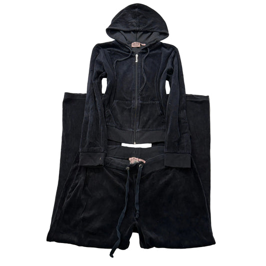 Vintage Juicy Couture Women's Black Velour Tracksuit Set Hoodie & Pants Size L