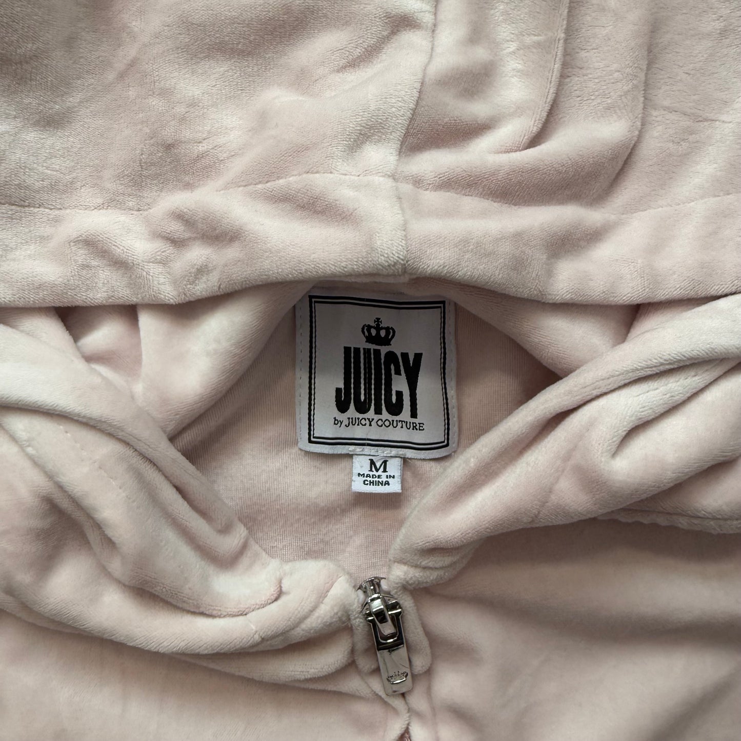 Juicy Couture Womens Light Pink Velour Zip-Up Hoodie Pockets Glitter Logo Size M