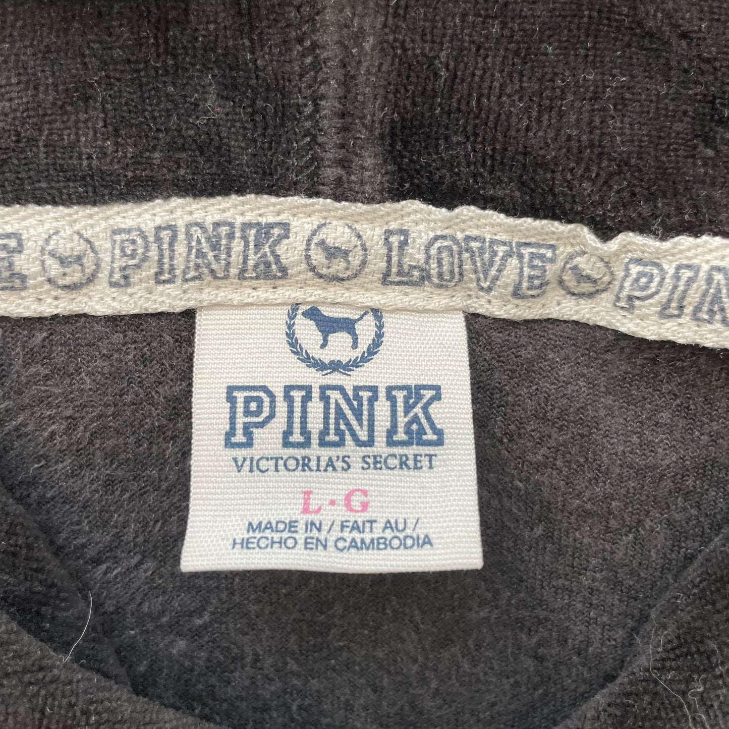 Victoria's Secret PINK Women's Jet Black Velour Zip-Up Hoodie Drawstring Size L