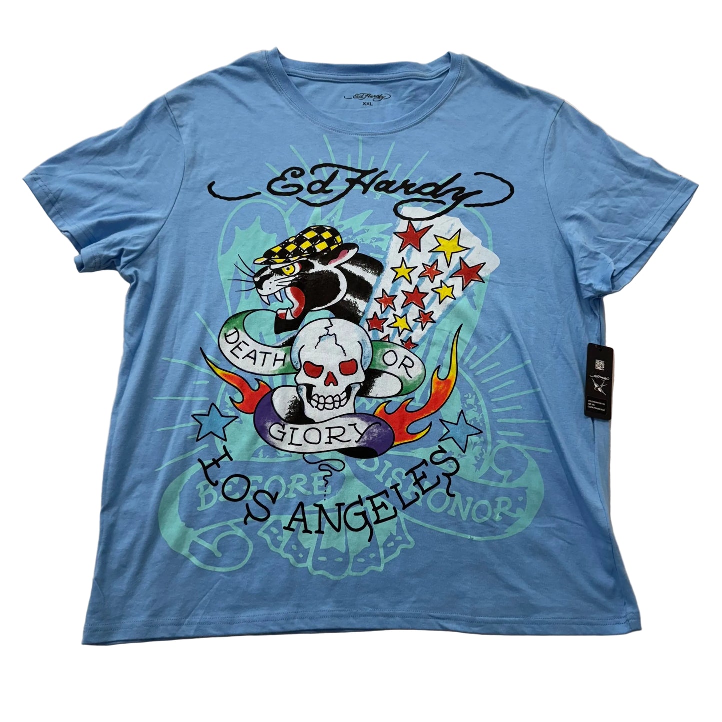 ED HARDY “Panther Skull” BABY BLUE GRAPHIC TEE SHIRT Size XXL