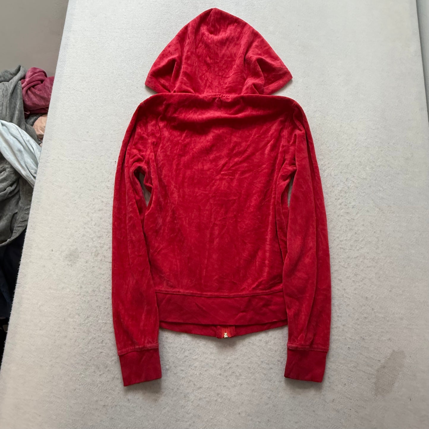 Bebe Women's Cherry Red Velour Full Zip Hoodie Rhinestones Logo Pockets Size M