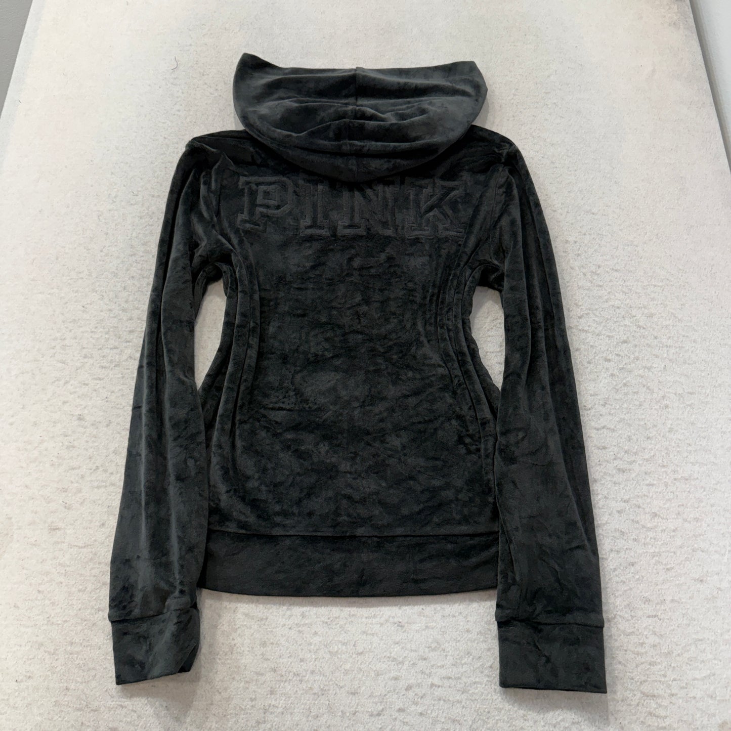 Victoria's Secret PINK Women's Black Velour Zip-Up Hoodie Loungewear Pockets - S