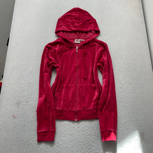 Juicy Couture Women's Red Velour Zip-Up Hoodie Butterfly Graphic Pockets Size M