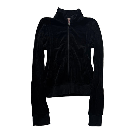 Juicy Couture Women's Black Velour Zip-Up Track Jacket Mock Neck Classic Size XL