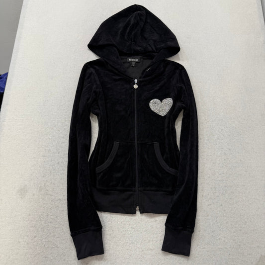 Bebe Women's Black Velour Zip Up Hoodie Rhinestone Heart Made In The USA Size XS