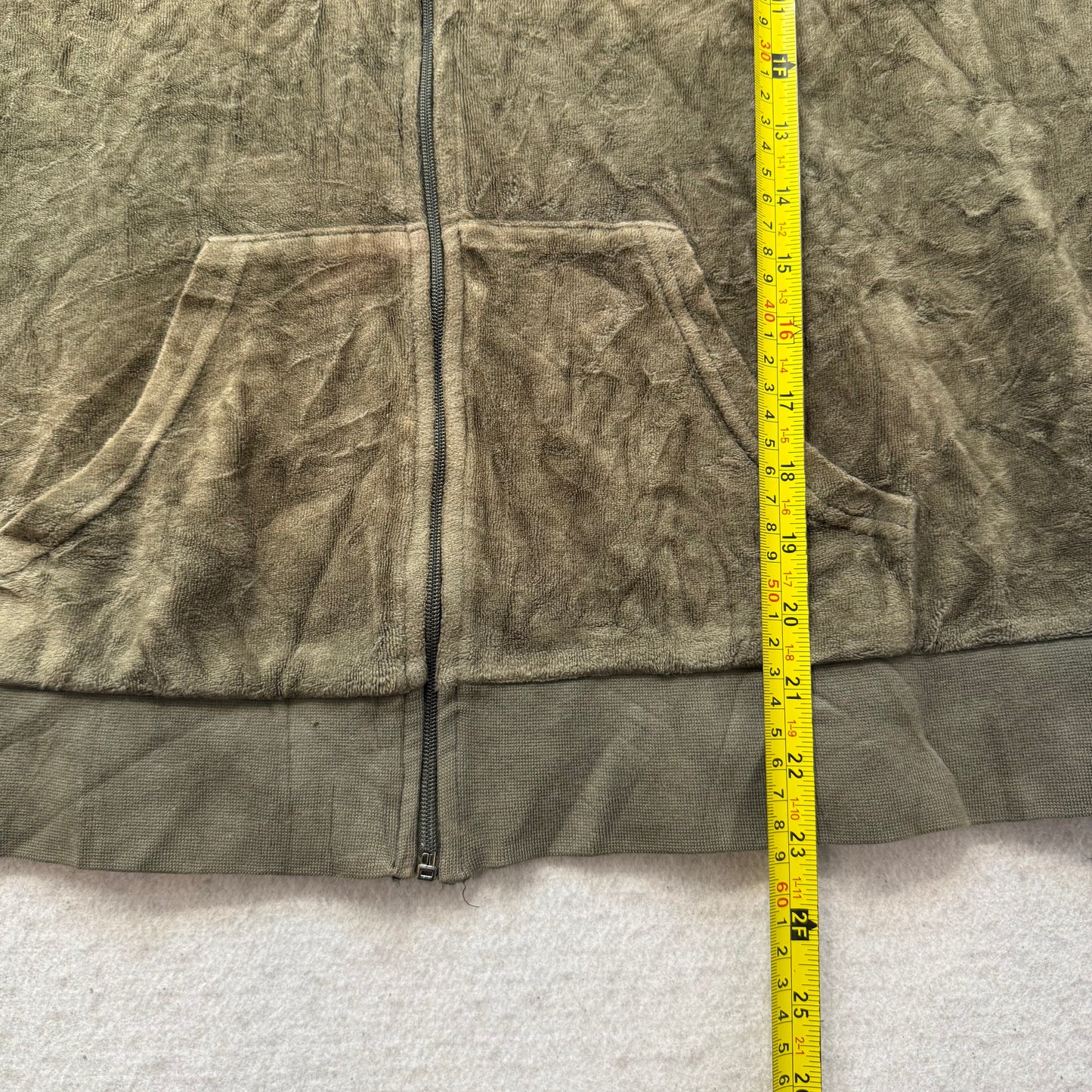Juicy Couture Women's Olive Green Velour Zip-Up Hoodie Gold Sequins Logo Size XL