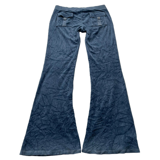 Vintage Juicy Couture Womens Slate Blue Velour Flared Track Pant Dog Logo Size S