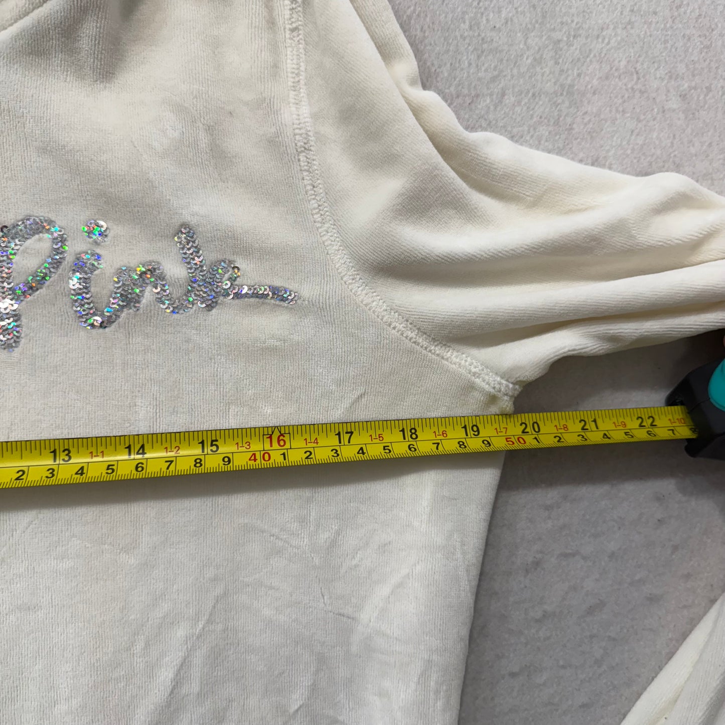 PINK Victoria's Secret Women's Ivory Full Zip Hoodie Sequins Graphic Size M