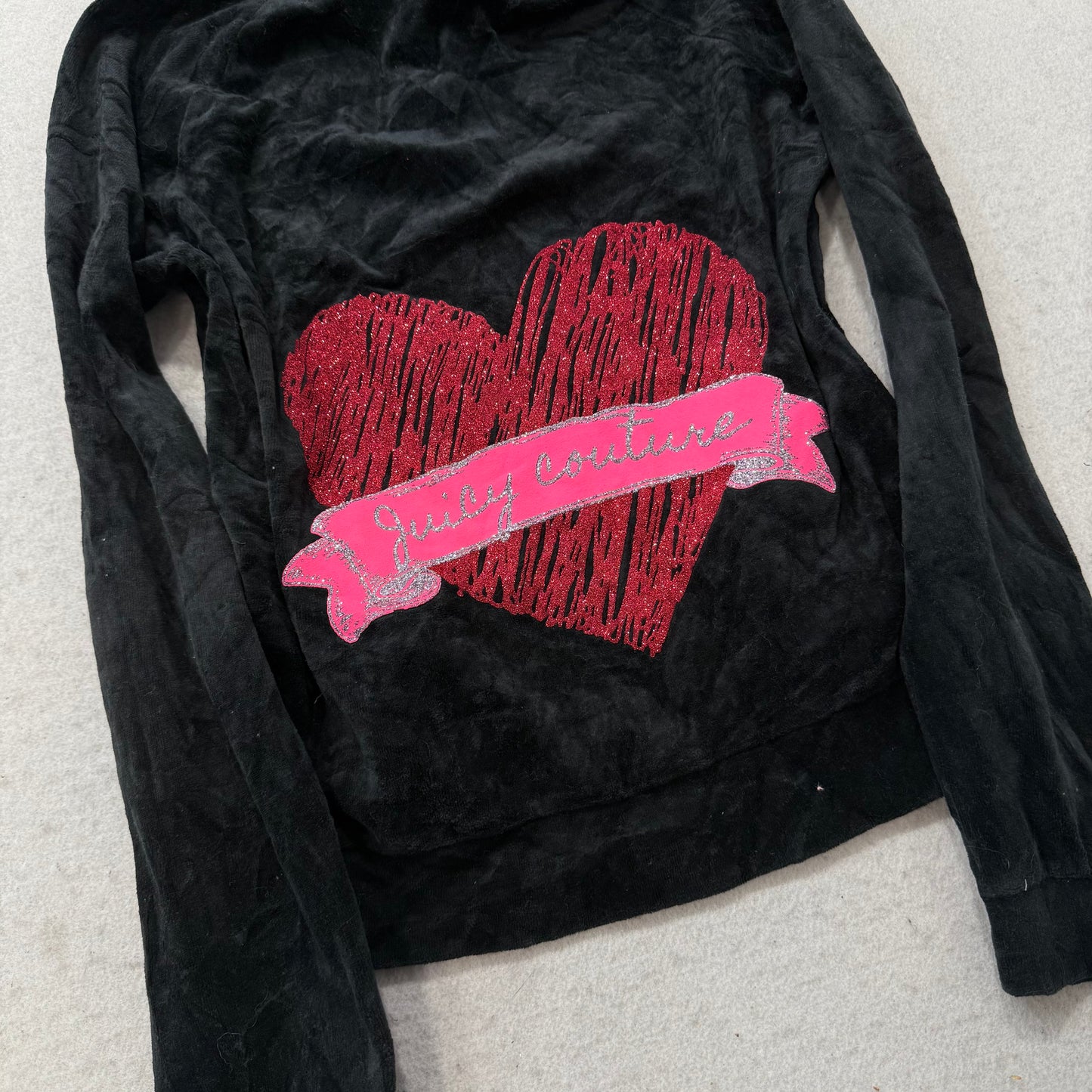 Juicy Couture Women's Black Velour Full Zip Hoodie Glitter Heart Logo Y2K Size L