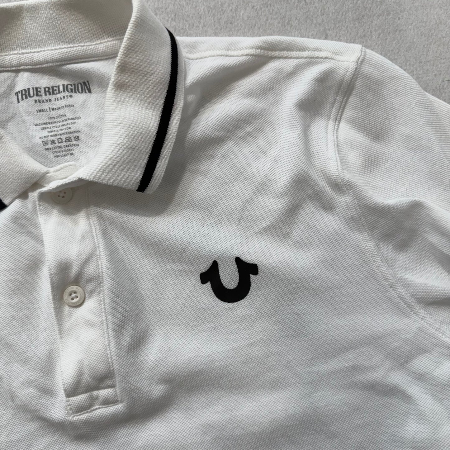 True Religion Men's White Cotton Polo Shirt Short Sleeves Horseshoe Logo Size S