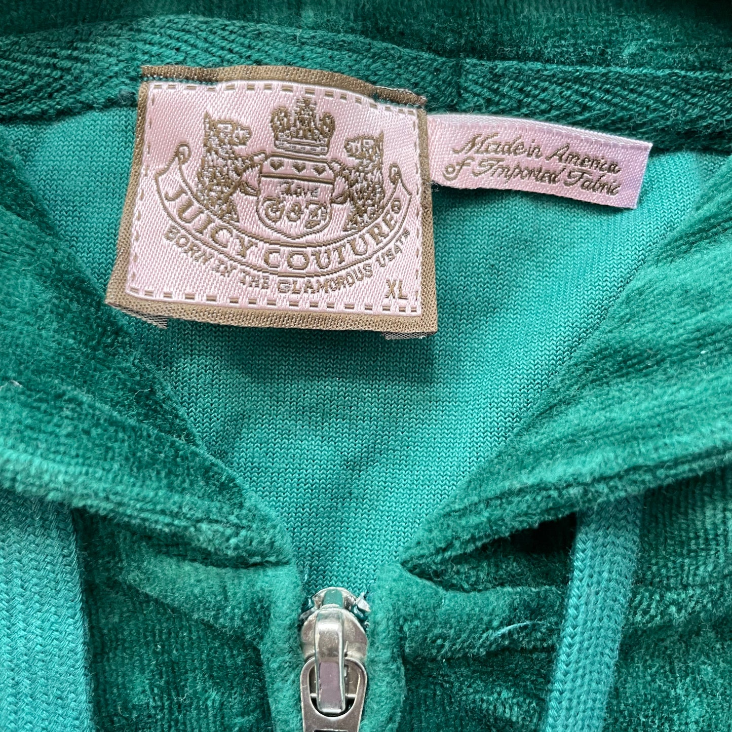 Juicy Couture Women's Dark Green Velour Zip-Up Hoodie Drawstring Pockets Size XL