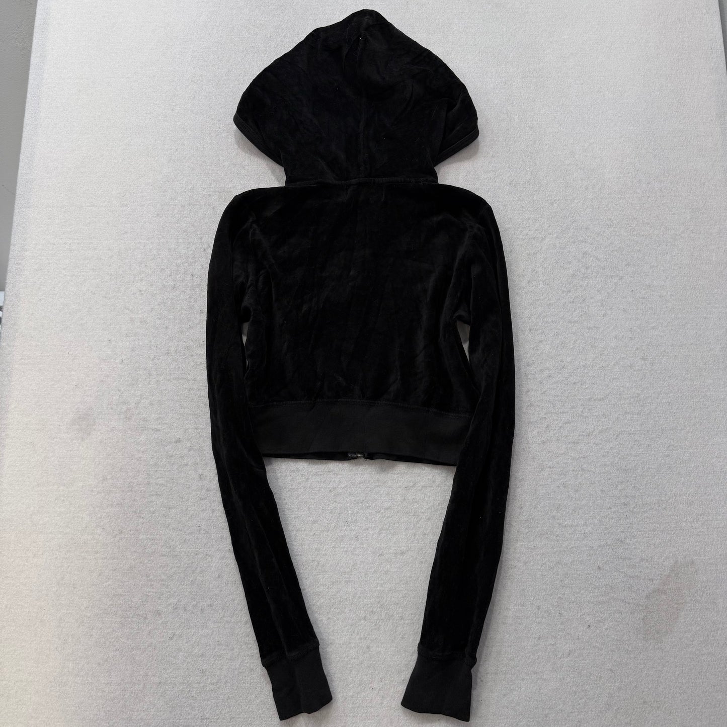 2003 Vintage Juicy Couture Women's Black Velour Zip-Up Cropped Hoodie Y2k Size P