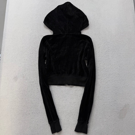 2003 Vintage Juicy Couture Women's Black Velour Zip-Up Cropped Hoodie Y2k Size P