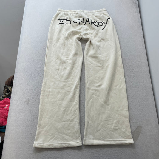 Ed Hardy "Dagger Heart" Women White Fleece Wide Leg Sweatpants Drawstring Size L