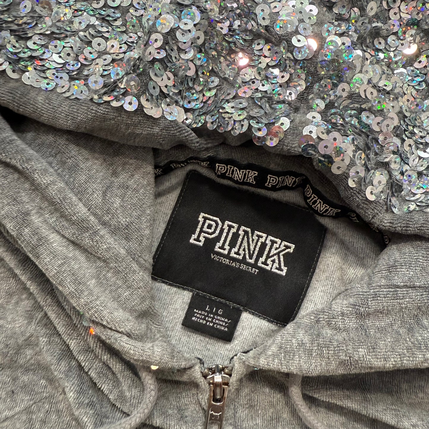 PINK Victoria Secret Womens Gray Velour Zip Up Hoodie Sequins Hooded Logo Size L