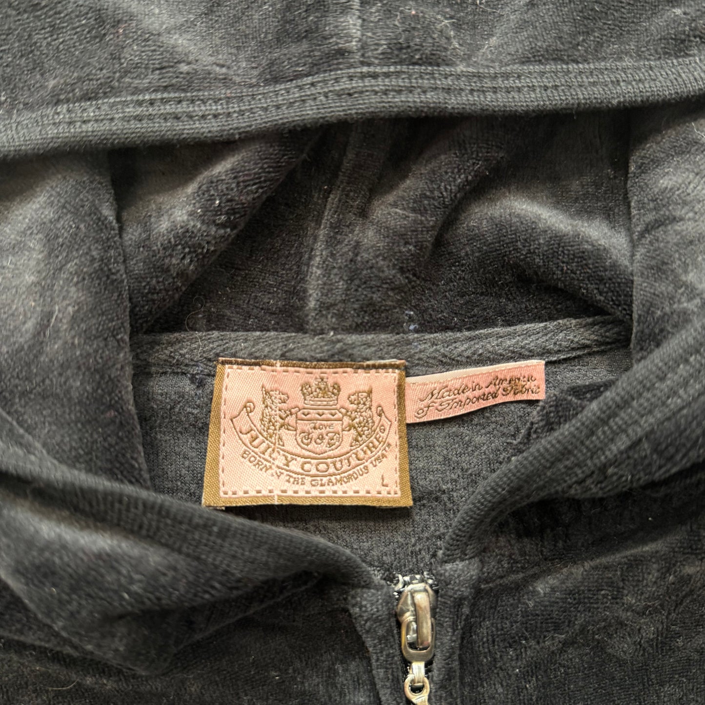 Vintage Juicy Couture Black Velour Tracksuit Set Zip-Up Hoodie & Pant Y2k Size L