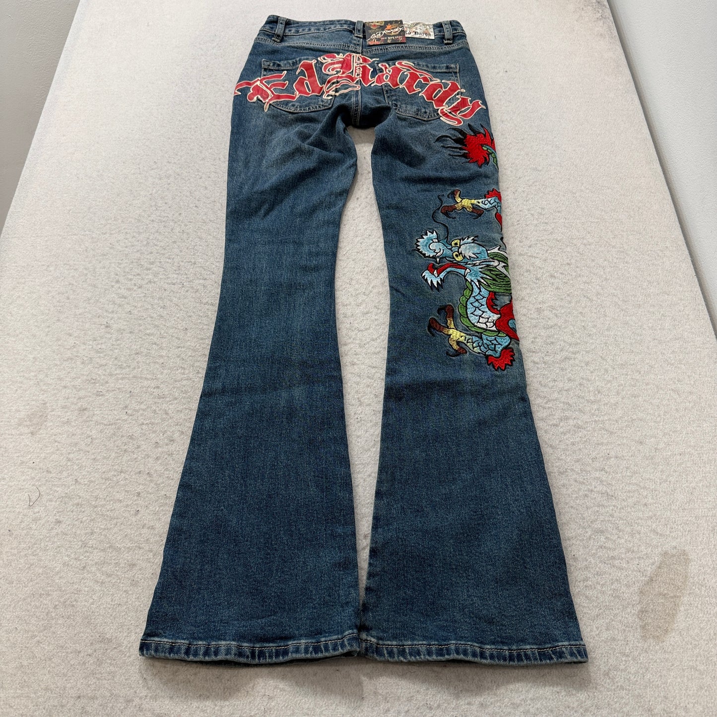 Ed Hardy Embroidered Dragon Women's Blue Flare Denim Jeans Tattoo Print Size 24