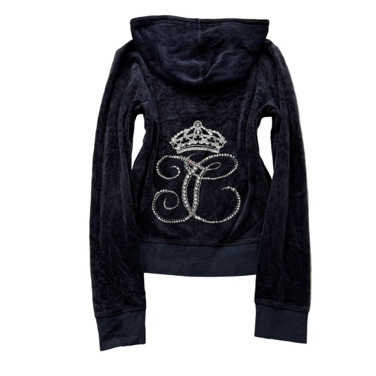 Juicy Couture Women's Navy Velour Full Zip Hoodie Rhinestone Crown Logo Size M