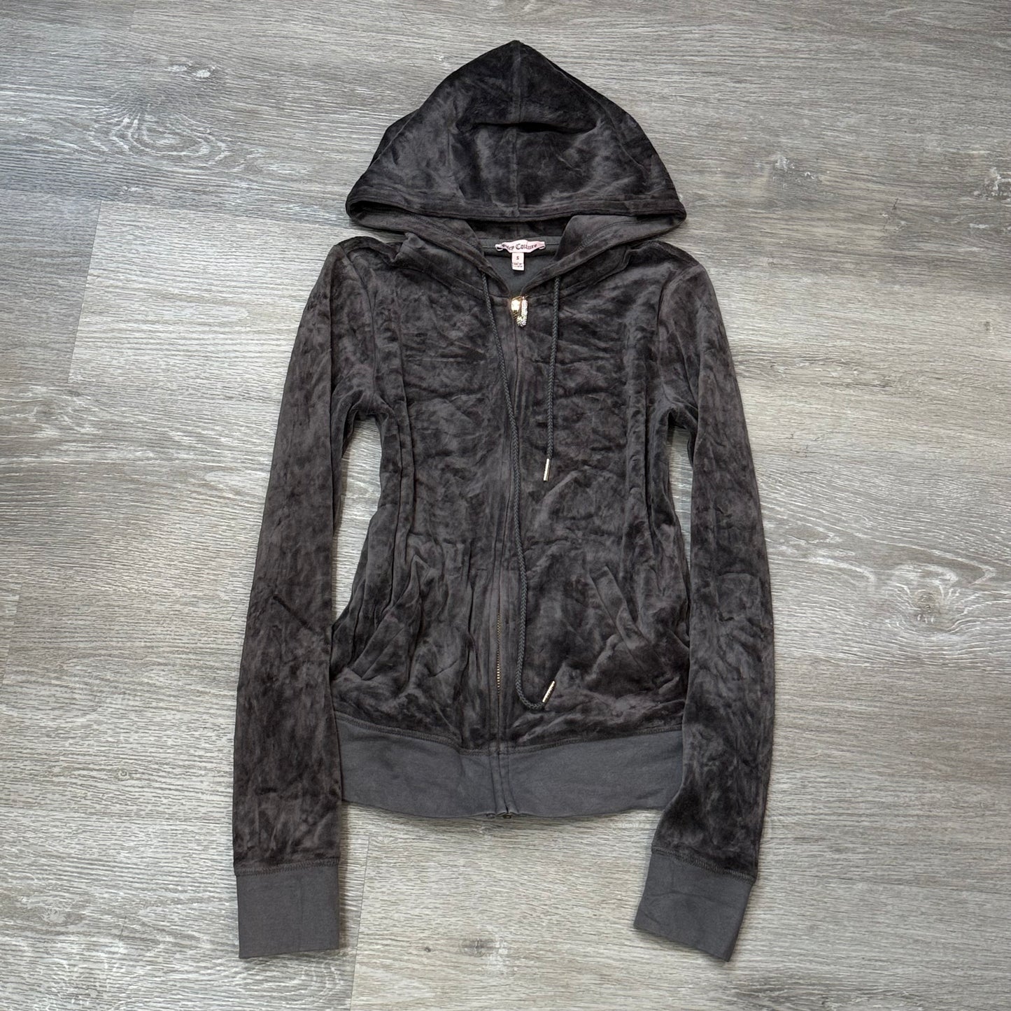 Juicy Couture Womens Charcoal Gray Velour Zip-Up Hoodie Drawstring Pocket Size S