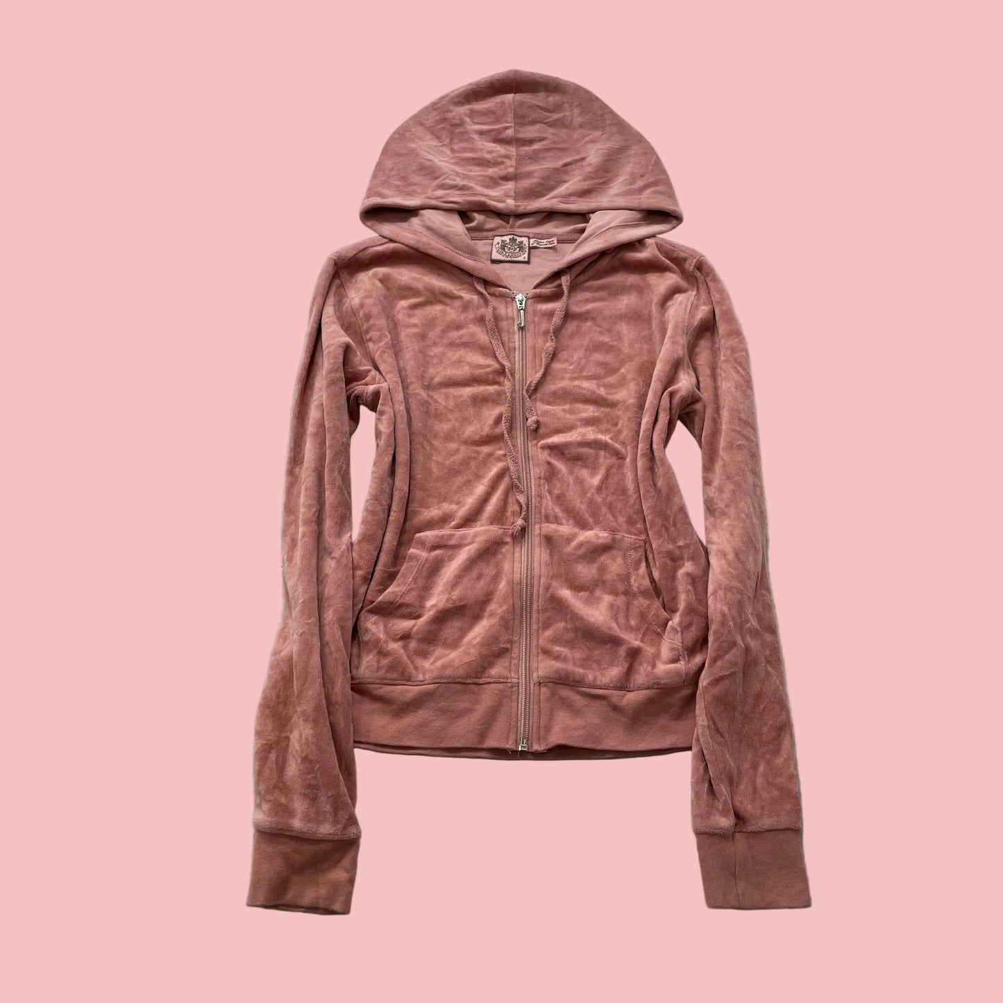 Vintage Juicy Couture Women's Dusty Rose Velour Zip-Up Hoodie Drawstring Size S