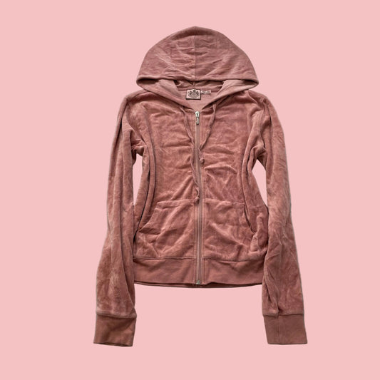 Vintage Juicy Couture Women's Dusty Rose Velour Zip-Up Hoodie Drawstring Size S