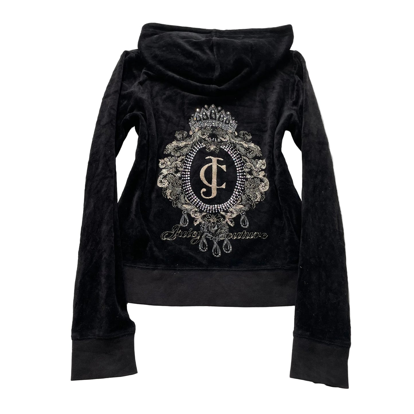 Juicy Couture Women's Black Velour Zip-Up Hoodie Pockets Embroidered Logo Size M