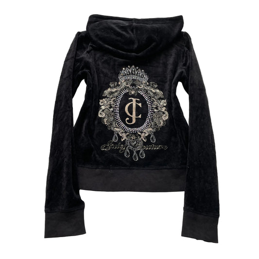 Juicy Couture Women's Black Velour Zip-Up Hoodie Pockets Embroidered Logo Size M
