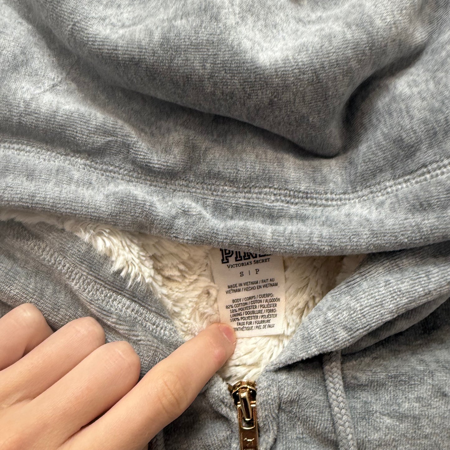 PINK Victoria's Secret Women's Gray Velour Hoodie Fur Lined Sequins Logo Size S