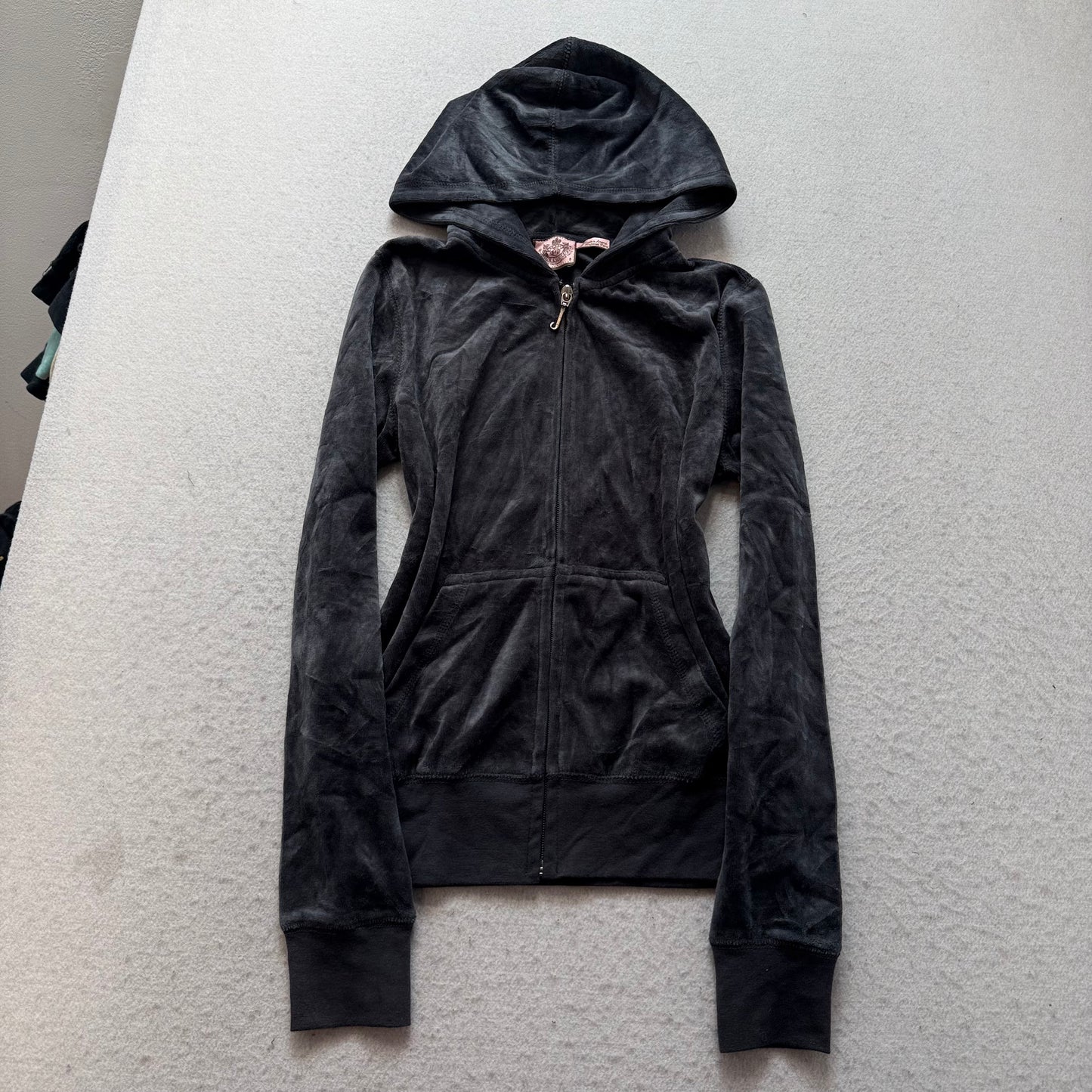 Vintage Juicy Couture Scottie Dogs Womens Deep Gray Velour Hoodie Rhinestone - S