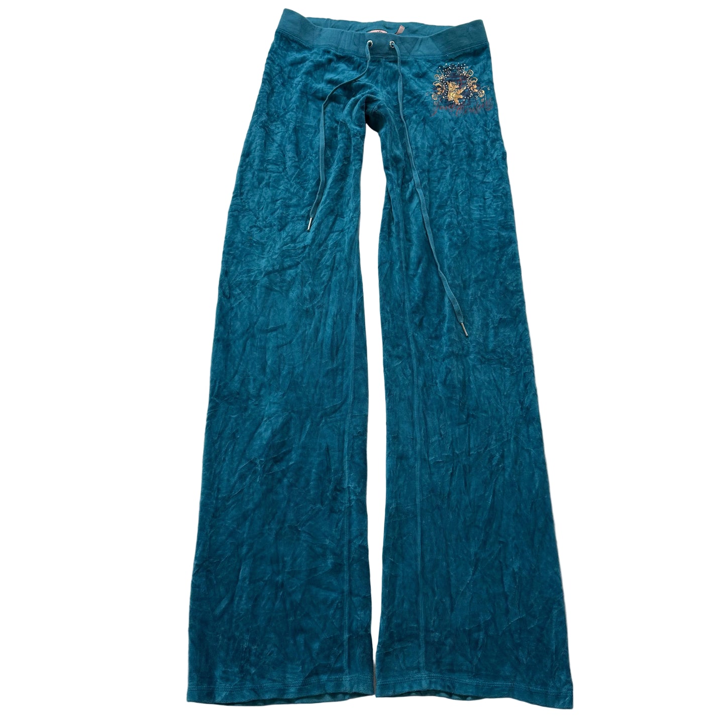 Juicy Couture Women's Blue Velour Flared Track Pant Gold Embroidered Logo Size P