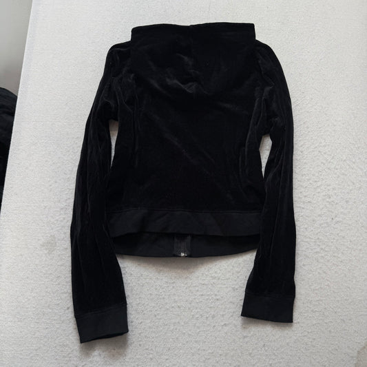 Juicy Couture Women's Jet Black Velour Zip-Up Hoodie Loungewear Pockets Size XL