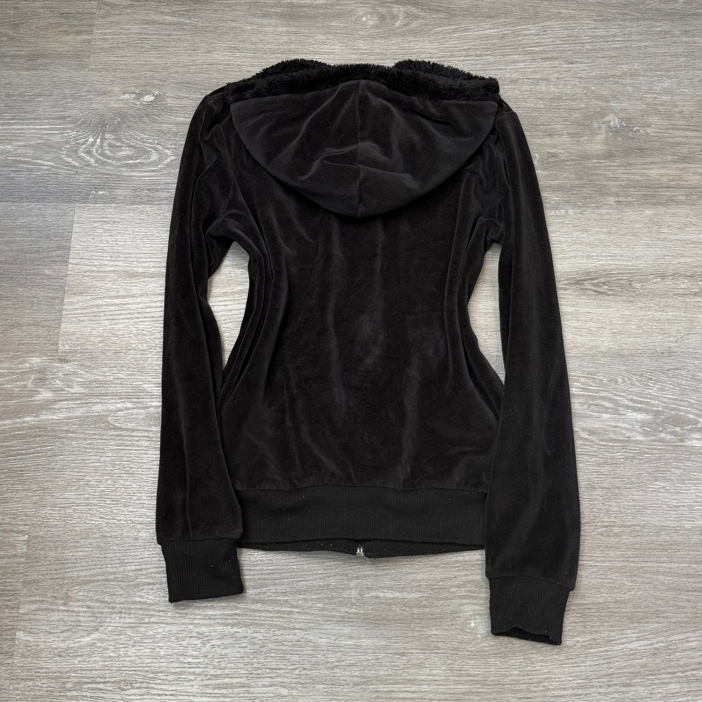 Vintage Juicy Couture Womens Black Velour Zip-Up Hoodie Loungewear Pocket Size S
