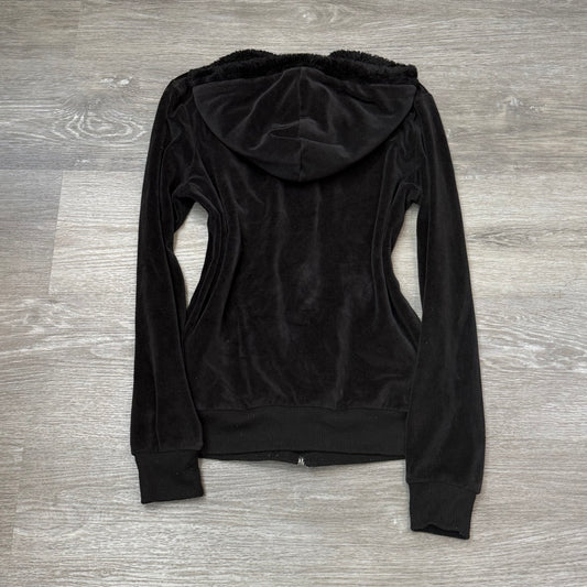 Vintage Juicy Couture Womens Black Velour Zip-Up Hoodie Loungewear Pocket Size S